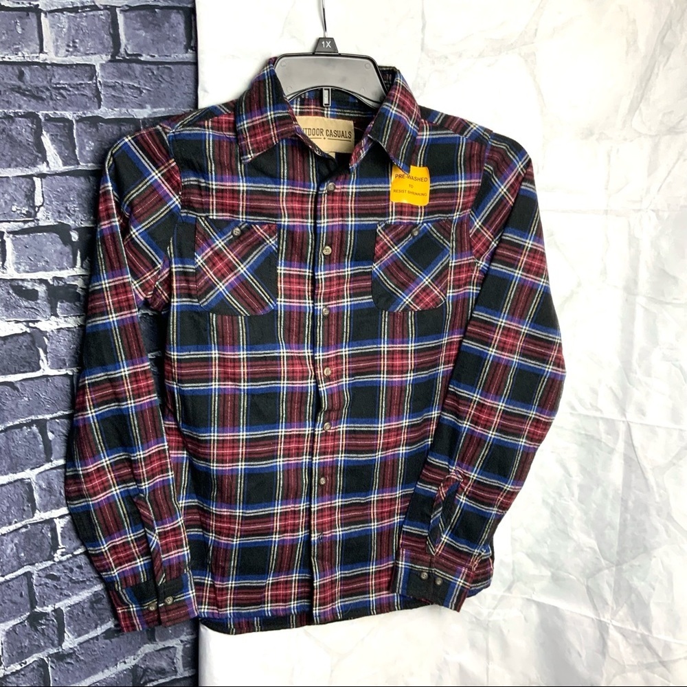 NEW Outdoor Casuals Button Black White Red Blue Plaid Men Sm